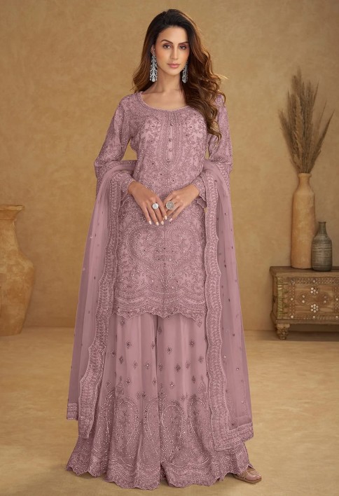 Net Dusty Pink Embroidered Wedding Palazzo Suit